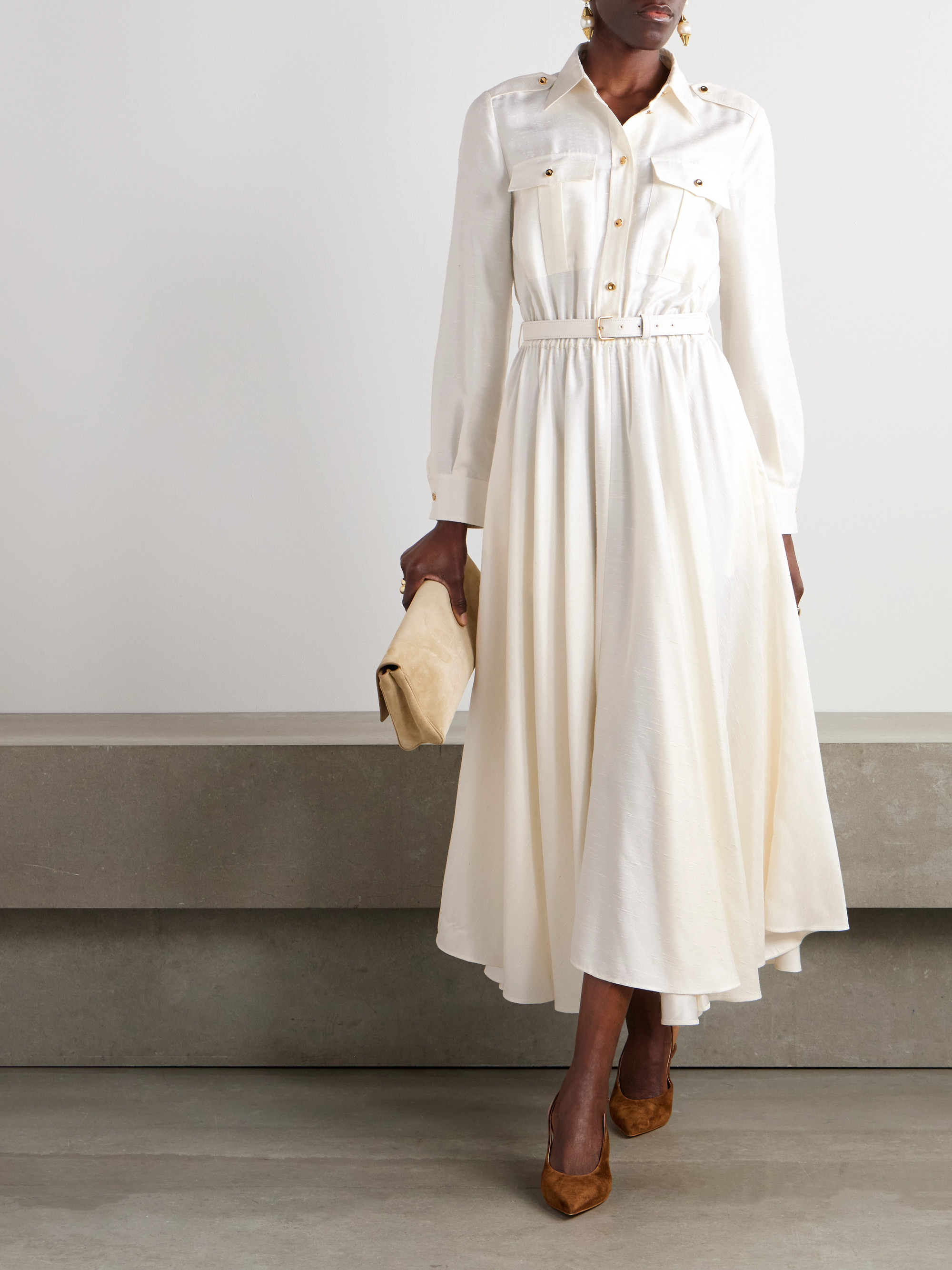 Loro Piana - Lela belted leather-trimmed silk-shantung midi shirt