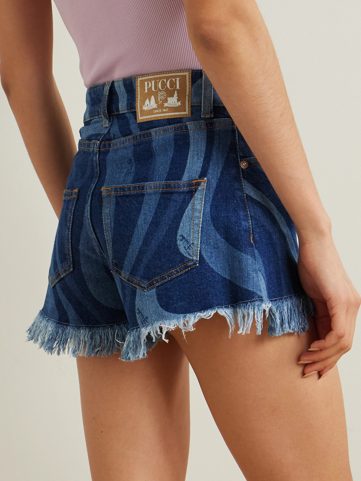 Shop Pucci Marno Frayed Printed Denim Shorts In Blue