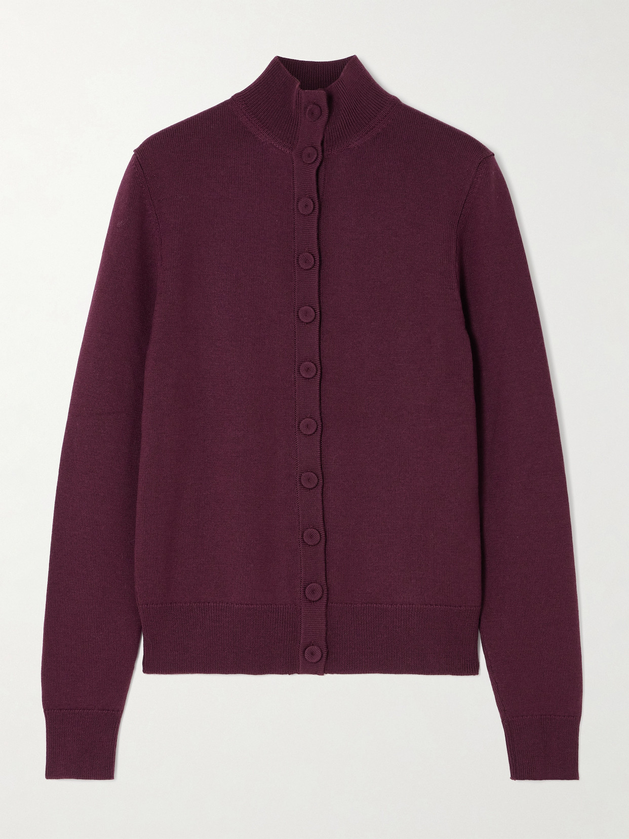 Another Tomorrow Wool Turtleneck Cardigan In Burgundy