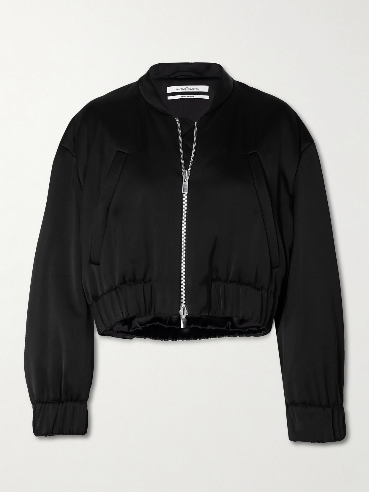 Another Tomorrow Cropped Satin Bomber Jacket In Black