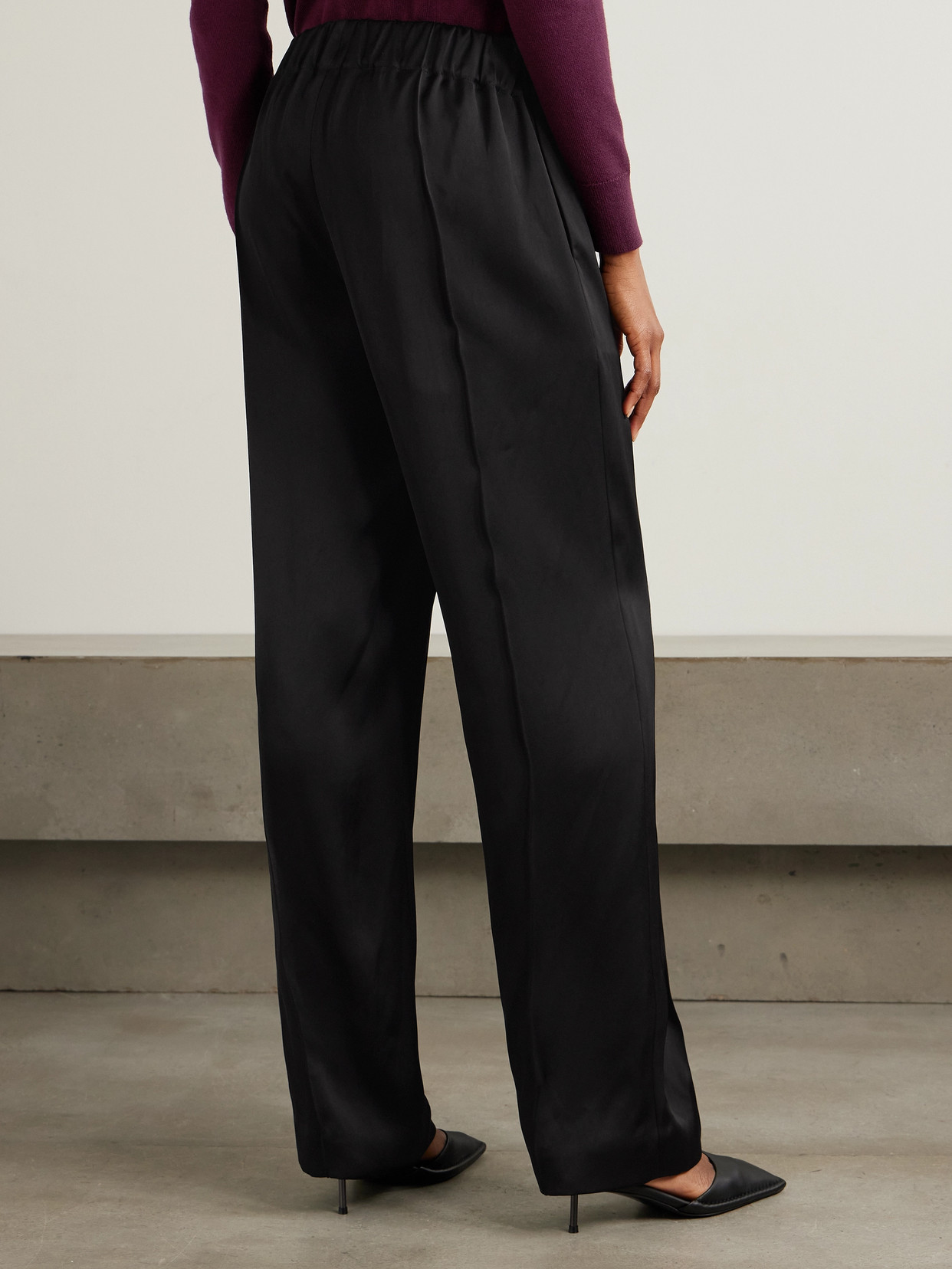 Another Tomorrow Pleated Satin Straight-leg Track Pants In Black