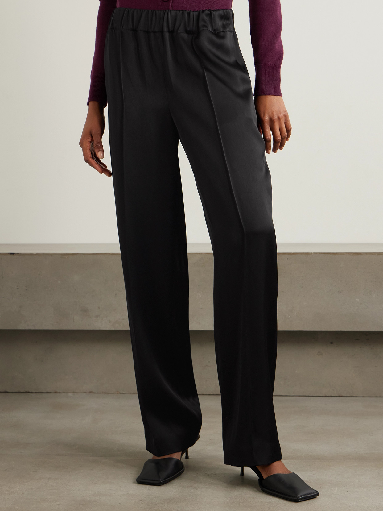 Another Tomorrow Pleated Satin Straight-leg Track Pants In Black