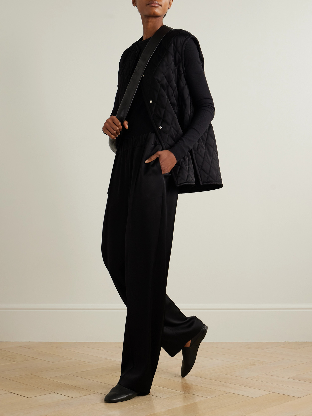 Another Tomorrow Pleated Satin Straight-leg Track Pants In Black