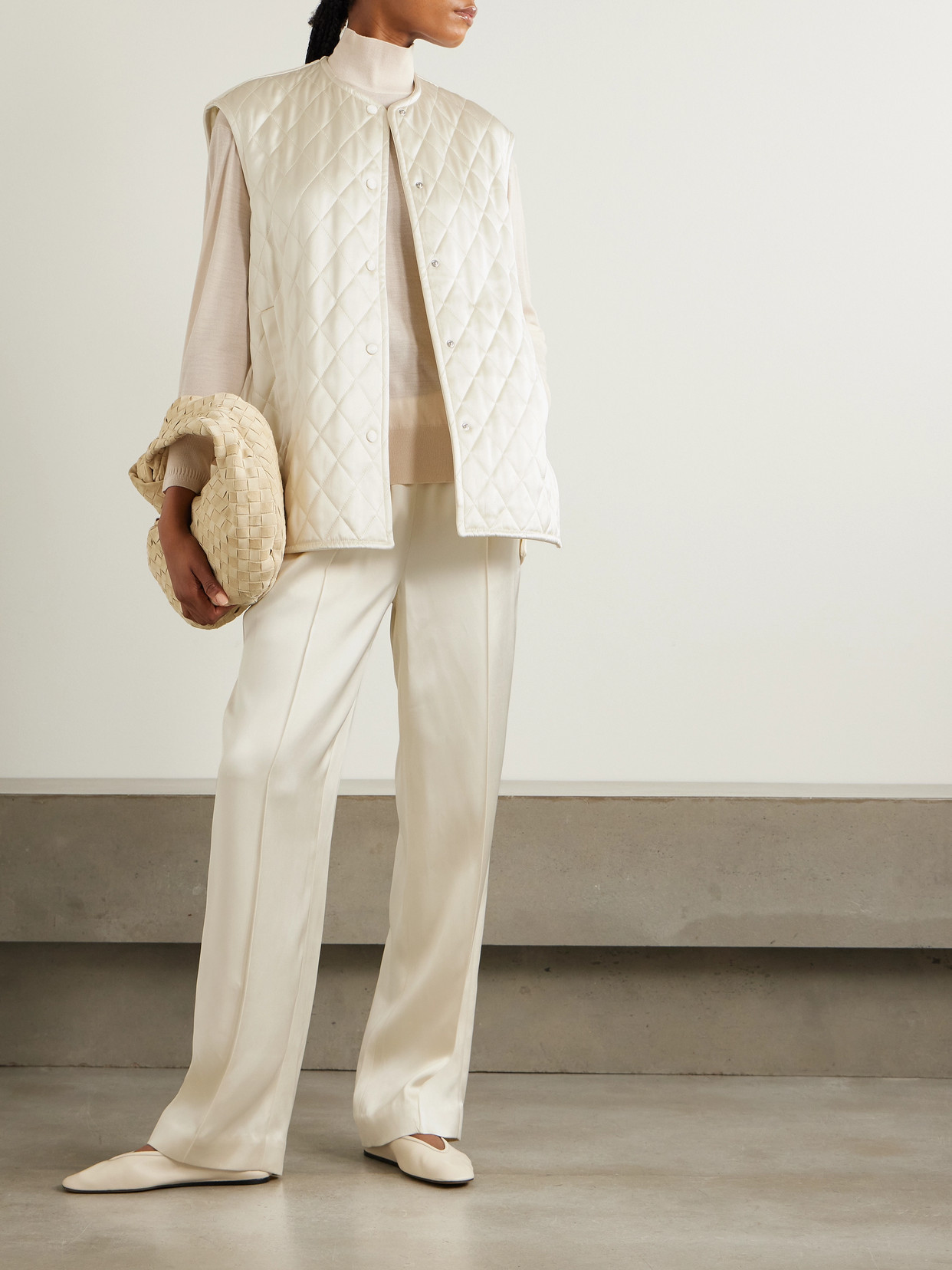 Another Tomorrow Quilted Padded Satin Vest In Cream