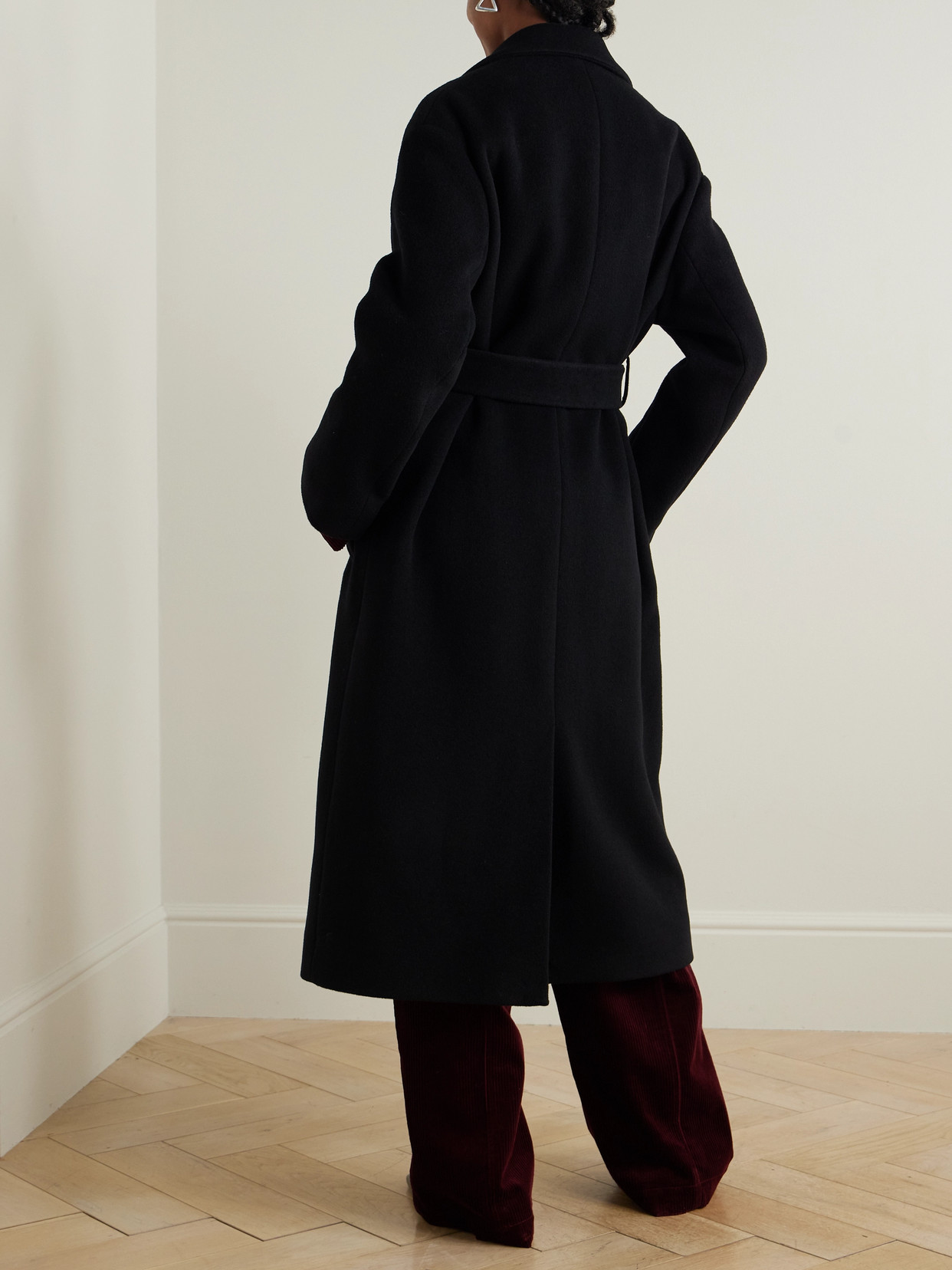 Another Tomorrow Belted Double-breasted Wool Coat In Black