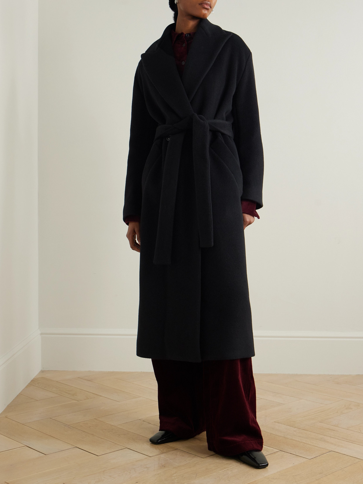Another Tomorrow Belted Double-breasted Wool Coat In Black