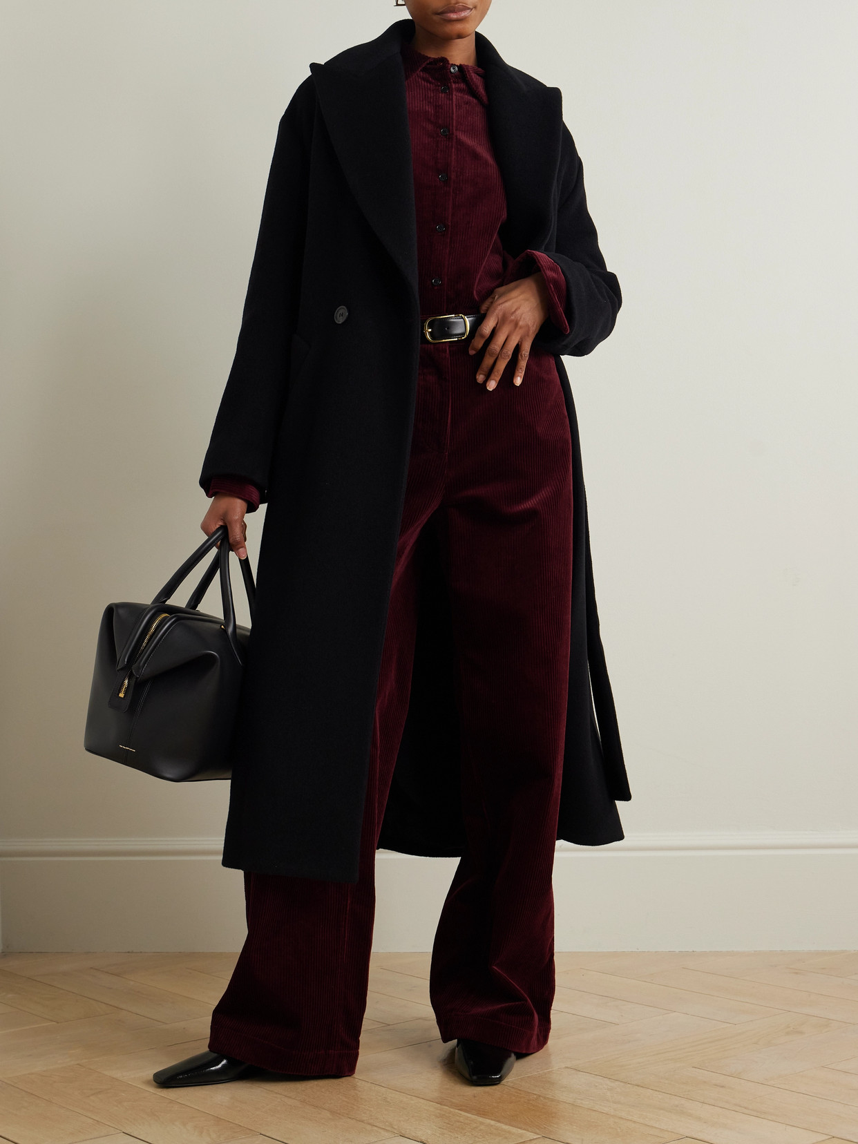 Another Tomorrow Belted Double-breasted Wool Coat In Black