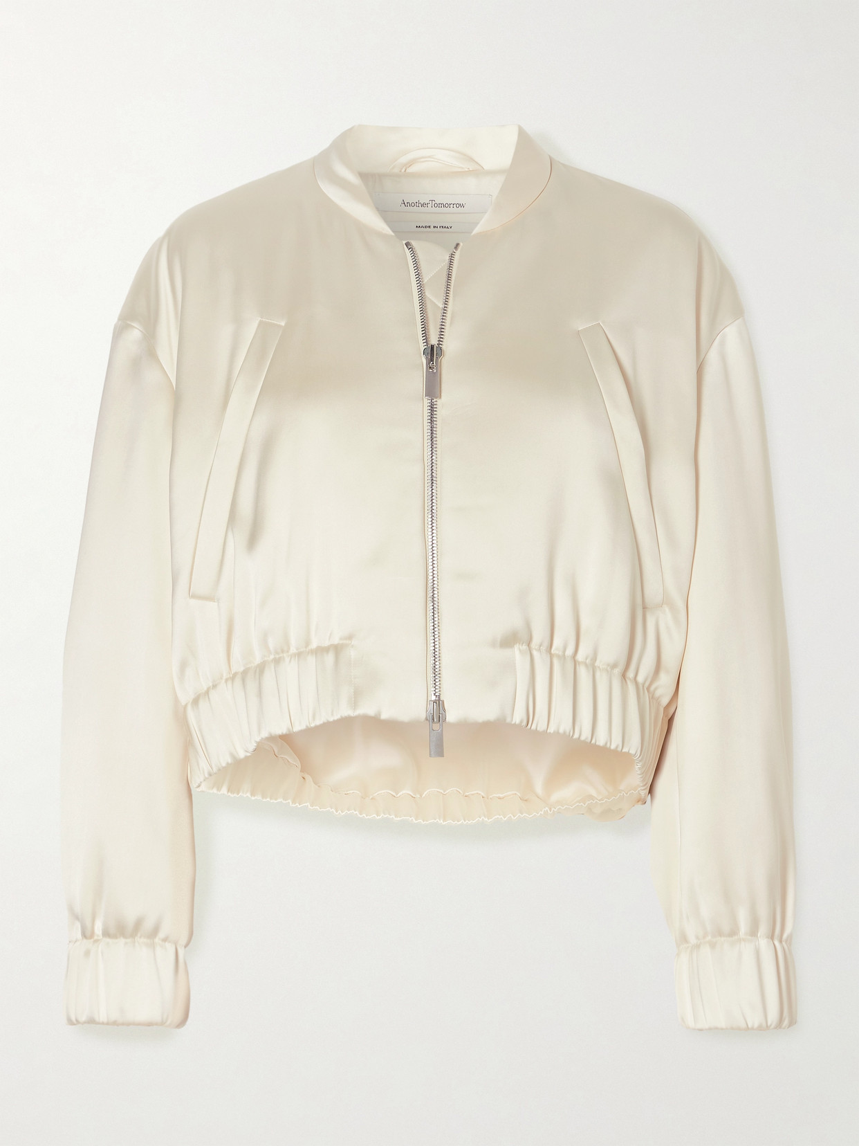 Another Tomorrow Cropped Satin Bomber Jacket In Cream