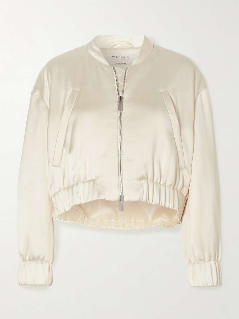 Another Tomorrow Cropped Satin Bomber Jacket
