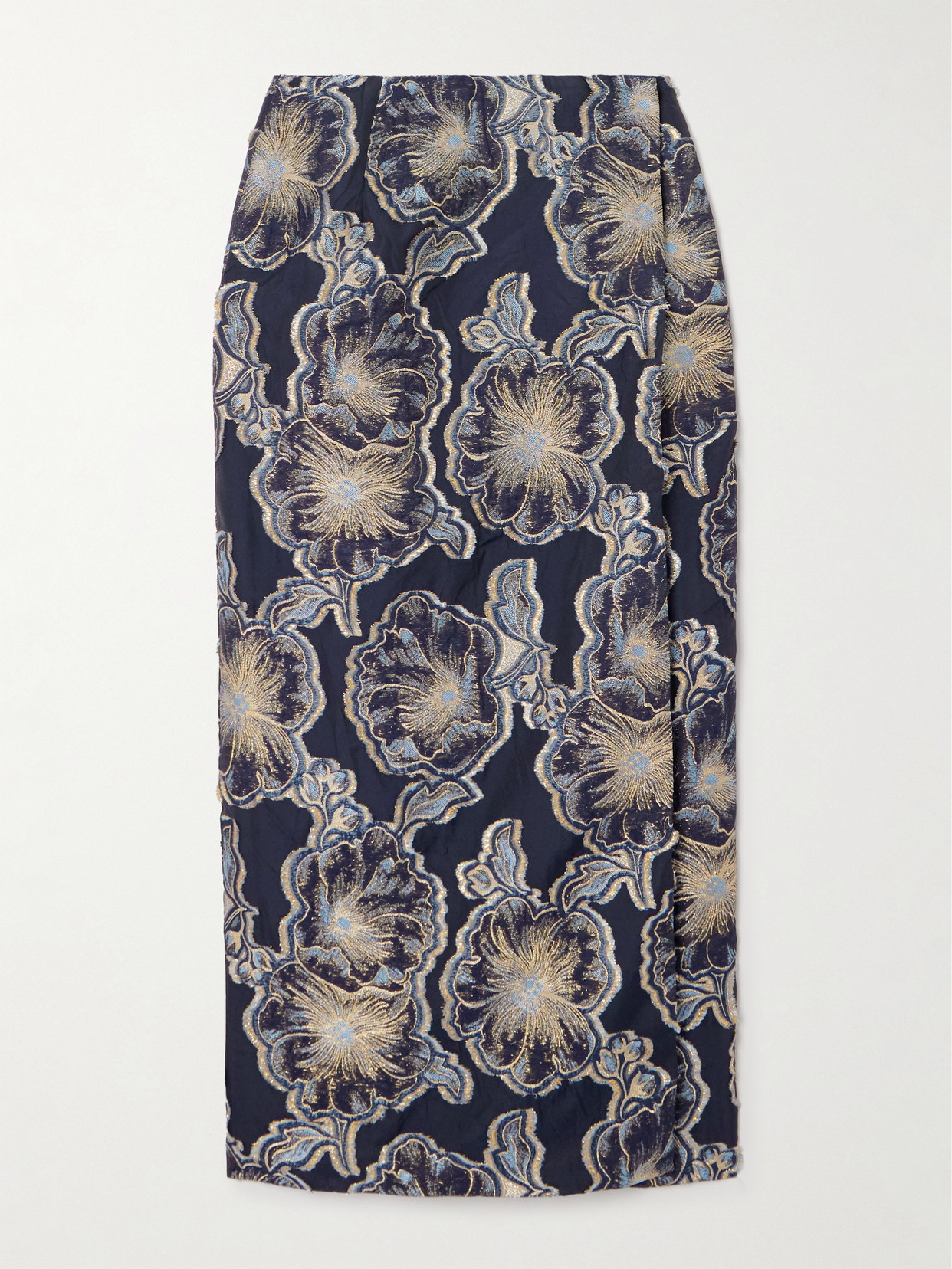 D'estree Vera Barocco Wrap-effect Metallic Fil Coupé Midi Skirt In Blue