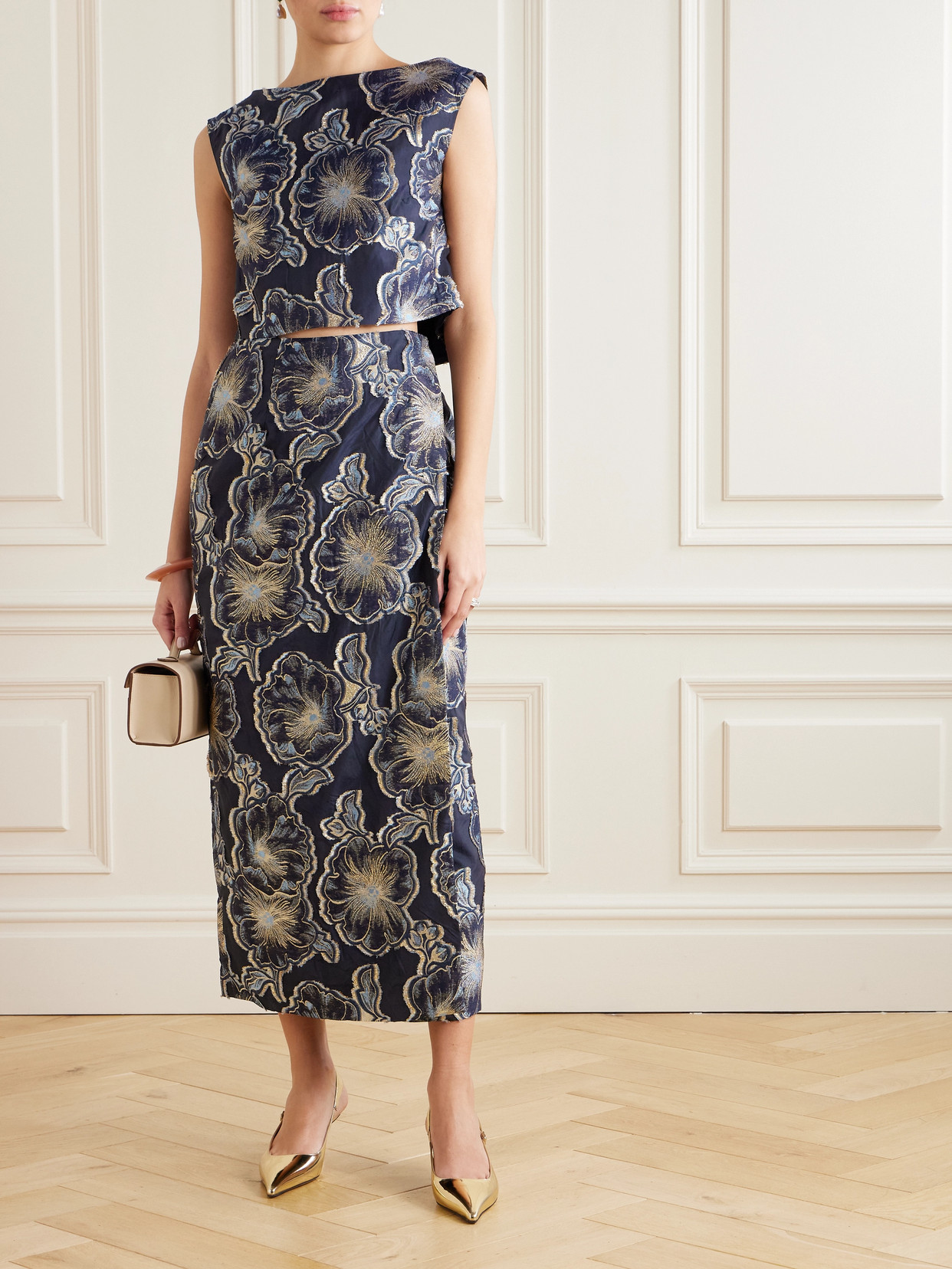 D'estree Vera Barocco Wrap-effect Metallic Fil Coupé Midi Skirt In Blue