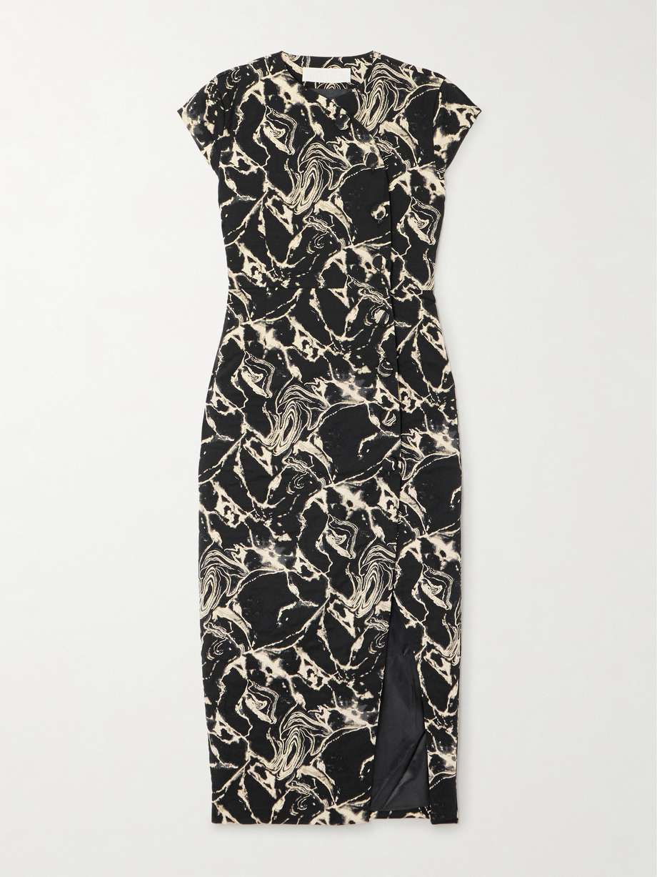 dorothea marble metallic cotton-blend jacquard midi wrap dress