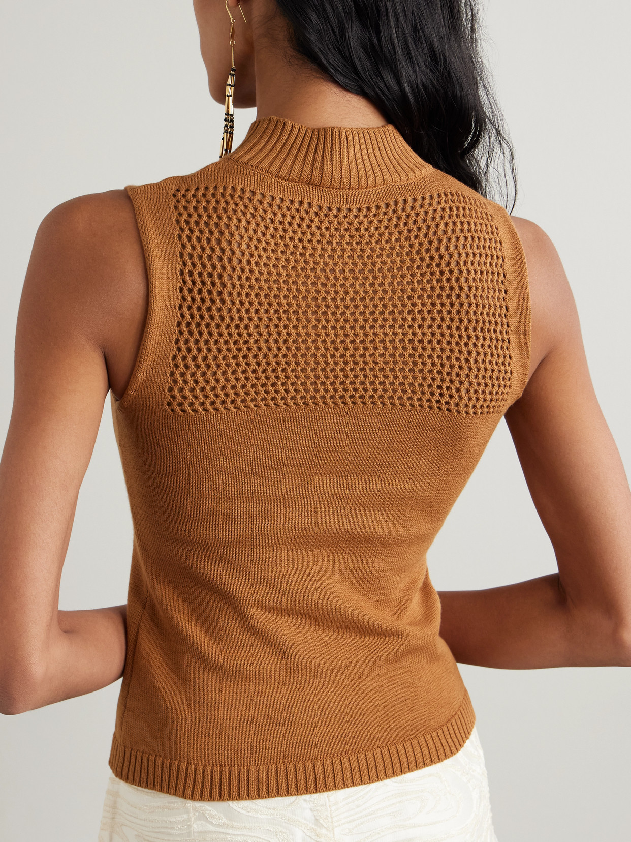D'estree Genesis Paneled Open-knit Organic Cotton-blend Top In Metallic