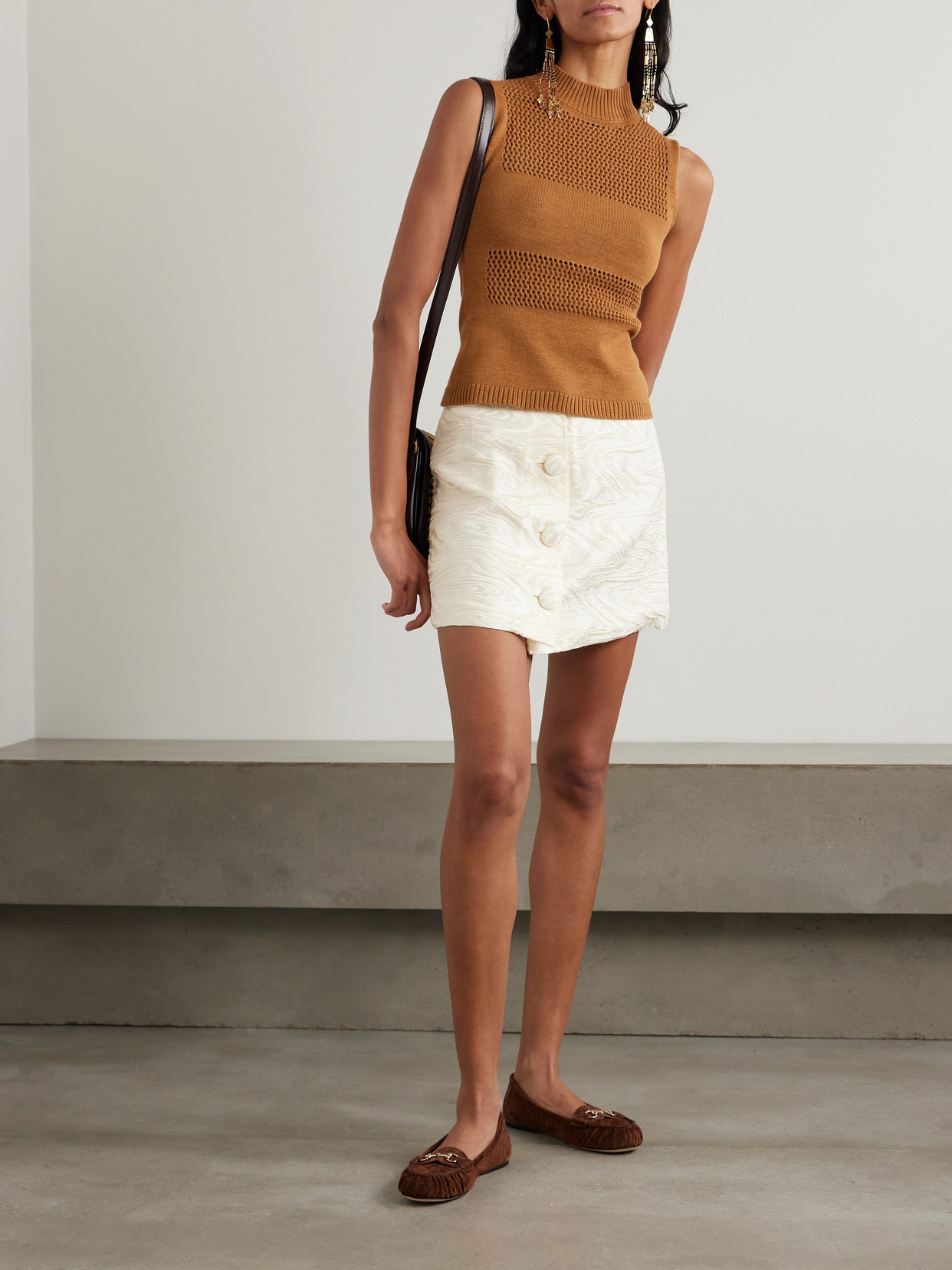 D'estree Genesis Paneled Open-knit Organic Cotton-blend Top In Metallic