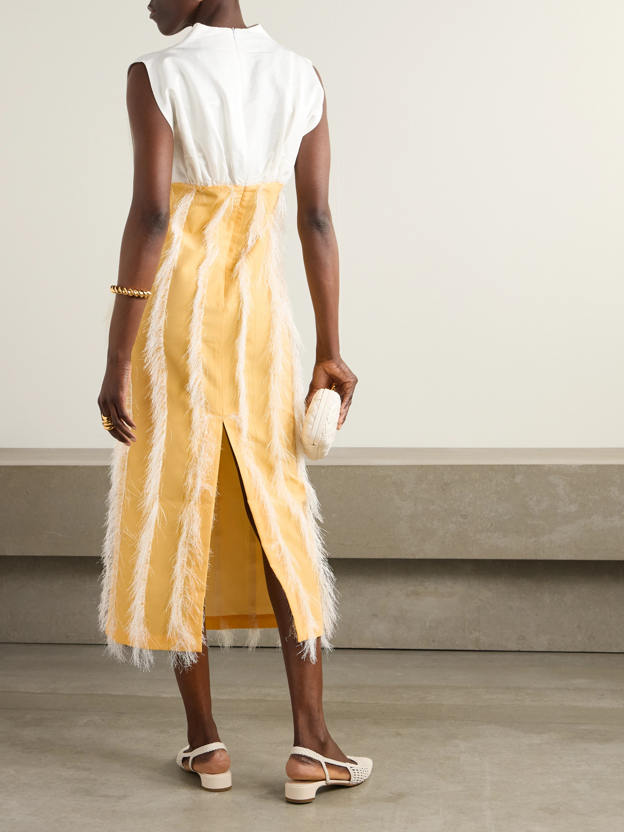 Destree Paz faux feather-trimmed pleated cotton-blend twill midi dress thumbnail