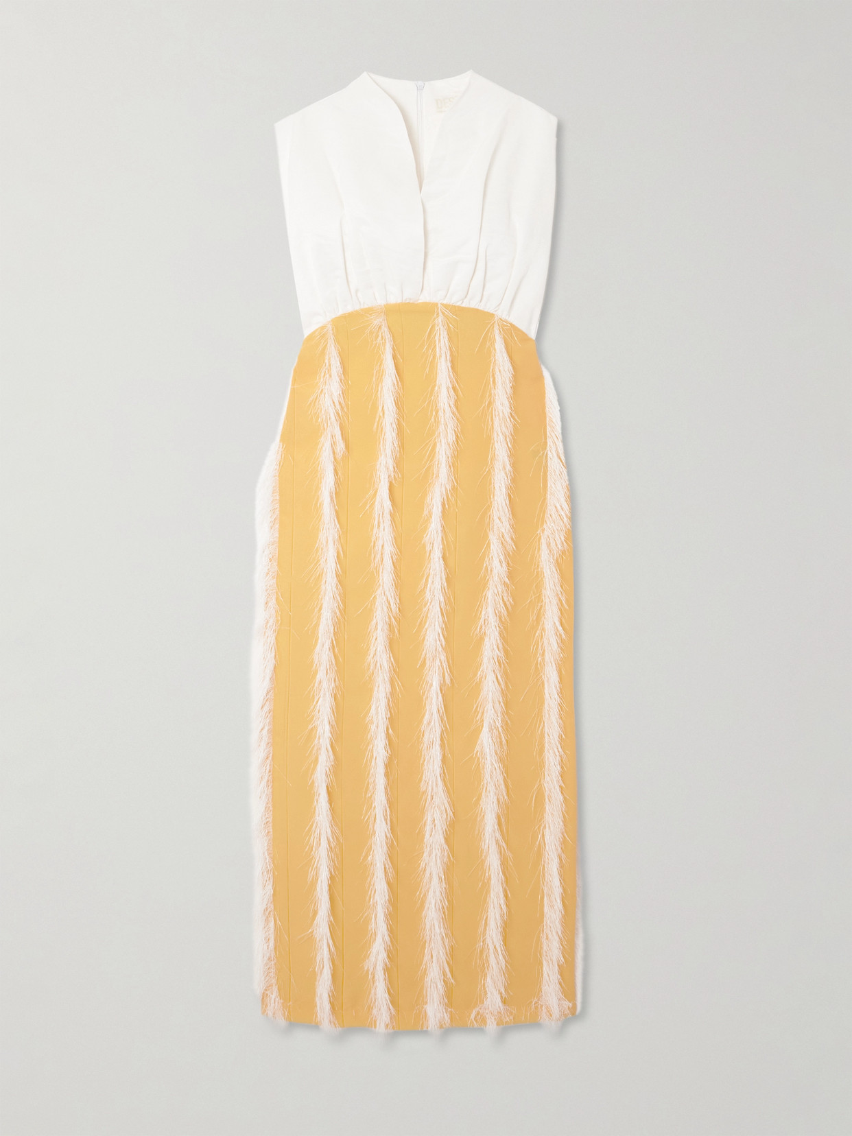 D'estree Paz Faux Feather-trimmed Pleated Cotton-blend Twill Midi Dress In Yellow