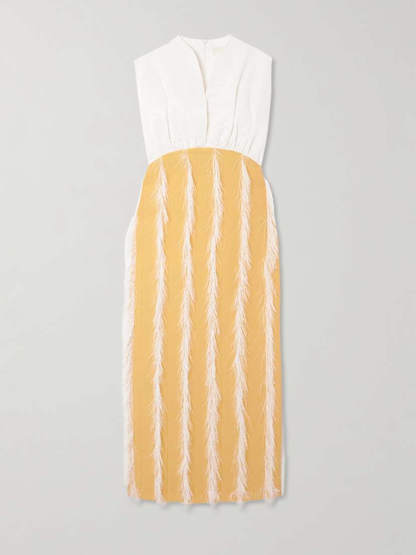 DESTREE Paz Faux Feather-trimmed Pleated Cotton-blend Twill Midi Dress