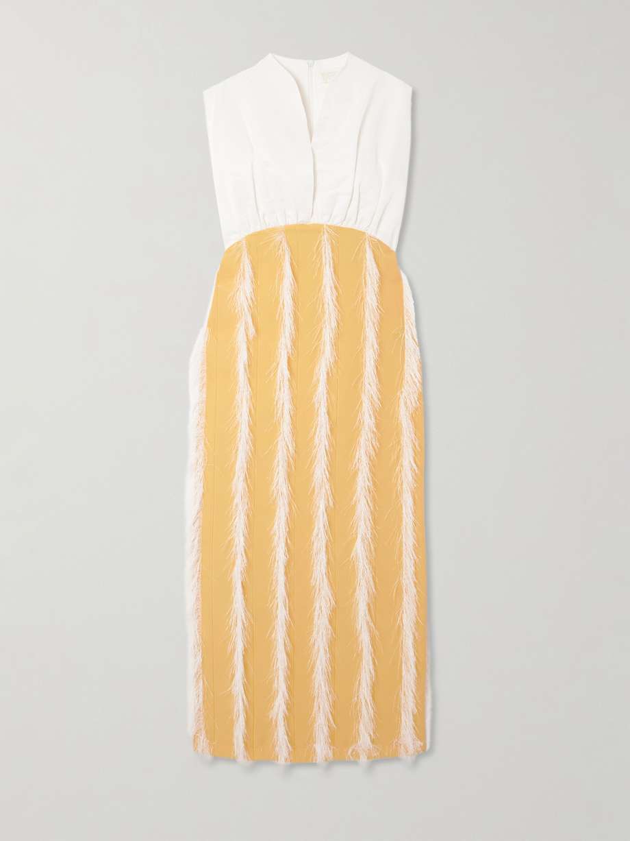 paz faux feather-trimmed pleated cotton-blend twill midi dress