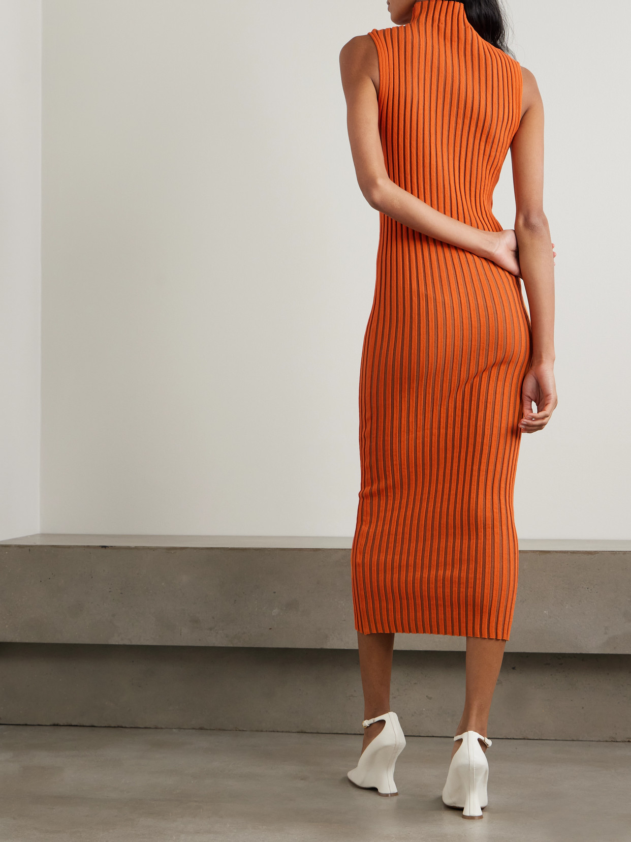 D'estree Chen Bico Ribbed Two-tone Organic Cotton-blend Midi Dress In Orange
