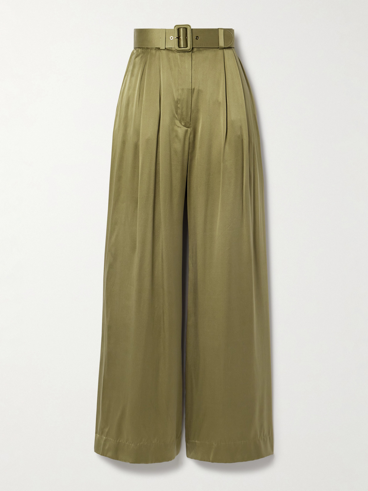 Zimmermann Belted Pleated Silk-satin Wide-leg Pants In Green