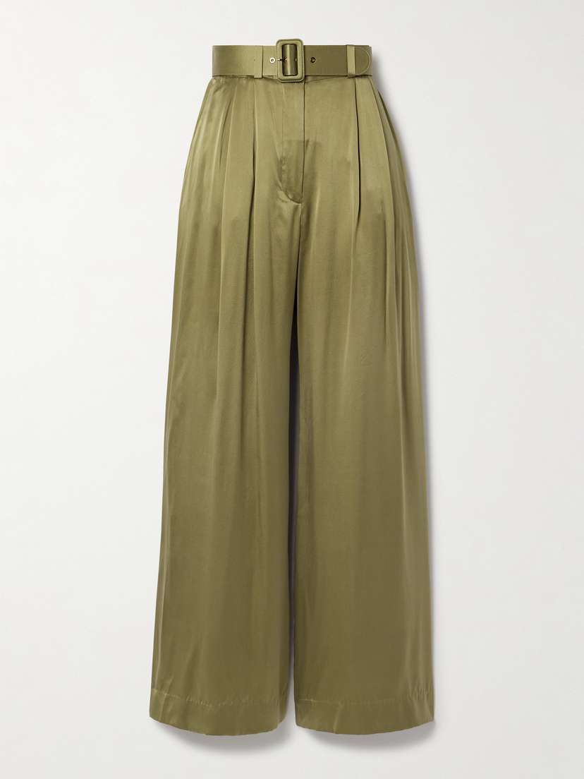 Zimmermann Belted Pleated Silk-satin Wide-leg Pants