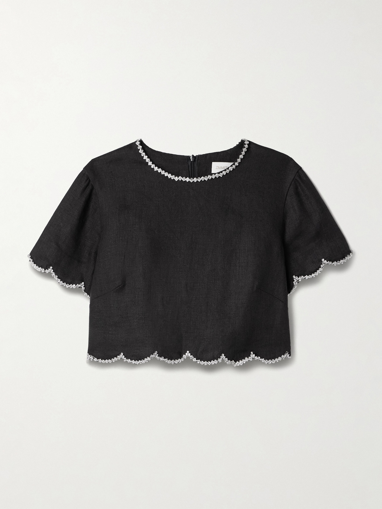 Zimmermann Crush Cropped Crystal-embellished Linen Top In Black