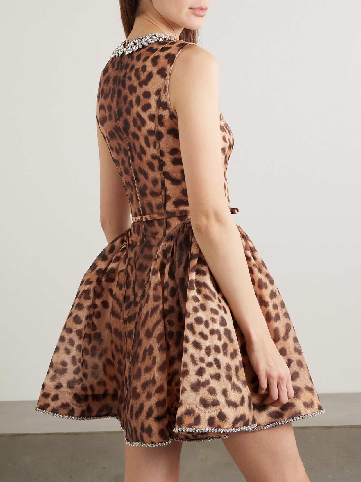 ZIMMERMANN CRUSH CRYSTAL-EMBELLISHED PANELED LEOPARD-PRINT LINEN AND SILK-BLEND MINI DRESS