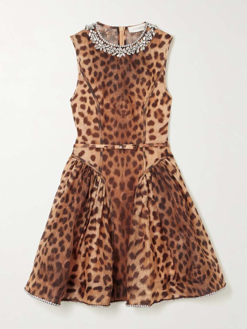 Zimmermann Crush Crystal-embellished Paneled Leopard-print Linen And Silk-blend Mini Dress