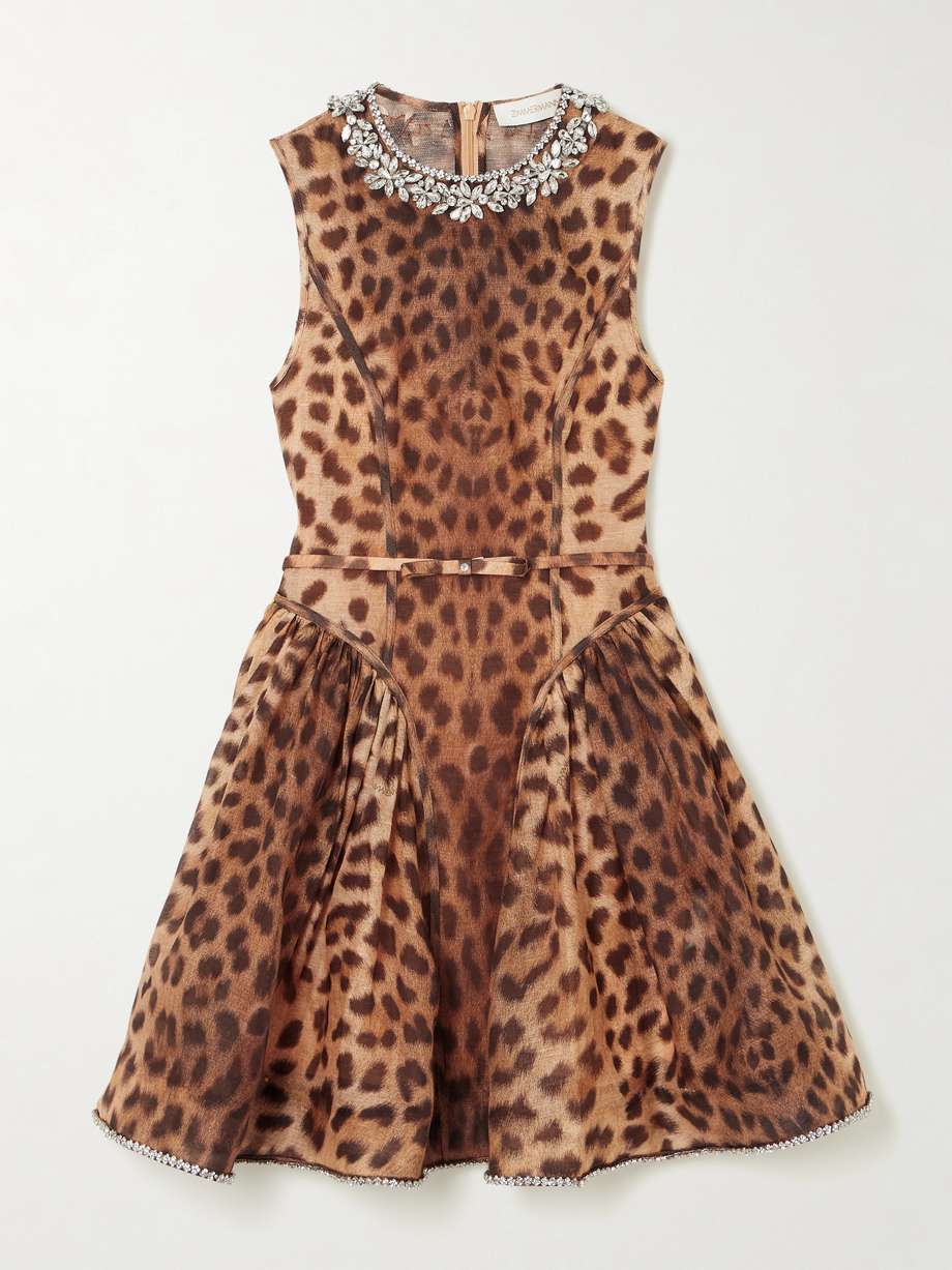 crush crystal-embellished paneled leopard-print linen and silk-blend mini dress