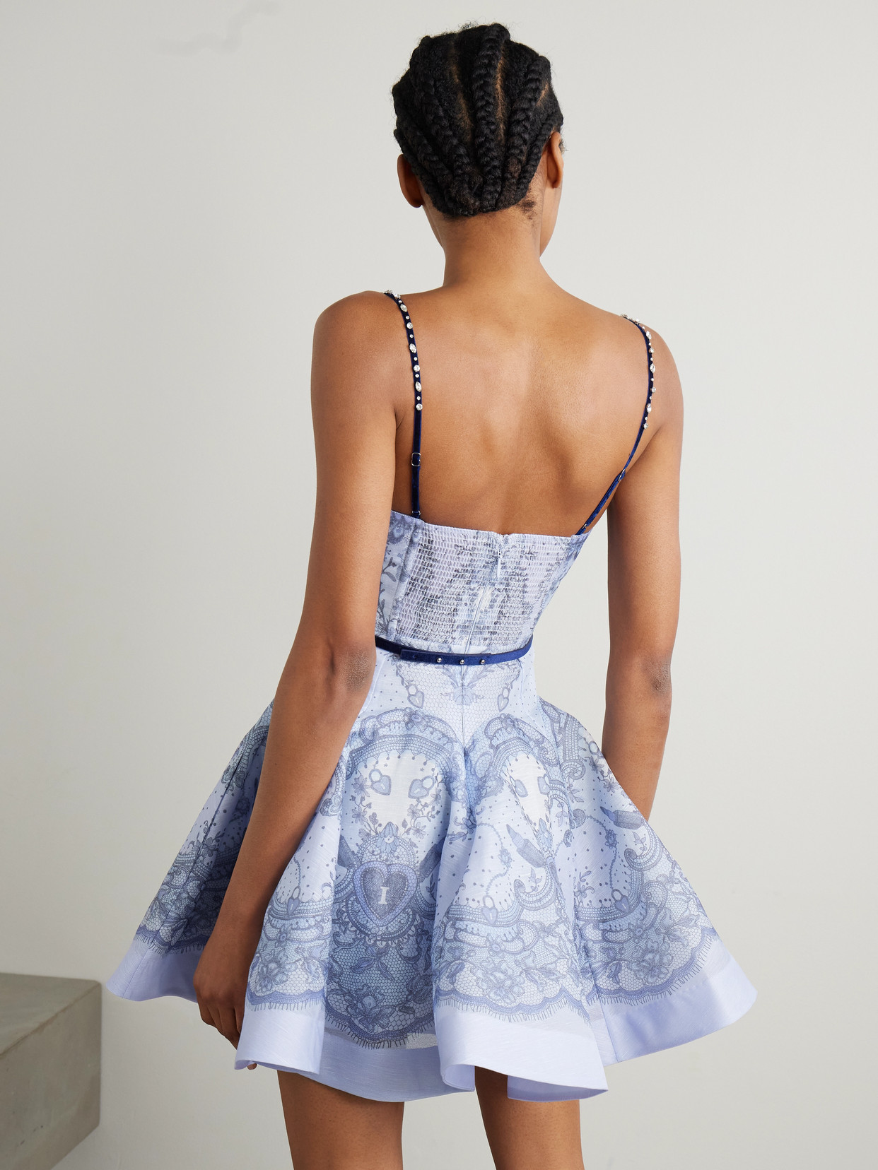 ZIMMERMANN CRUSH EMBELLISHED VELVET-TRIMMED PRINTED LINEN AND SILK-BLEND MINI DRESS 