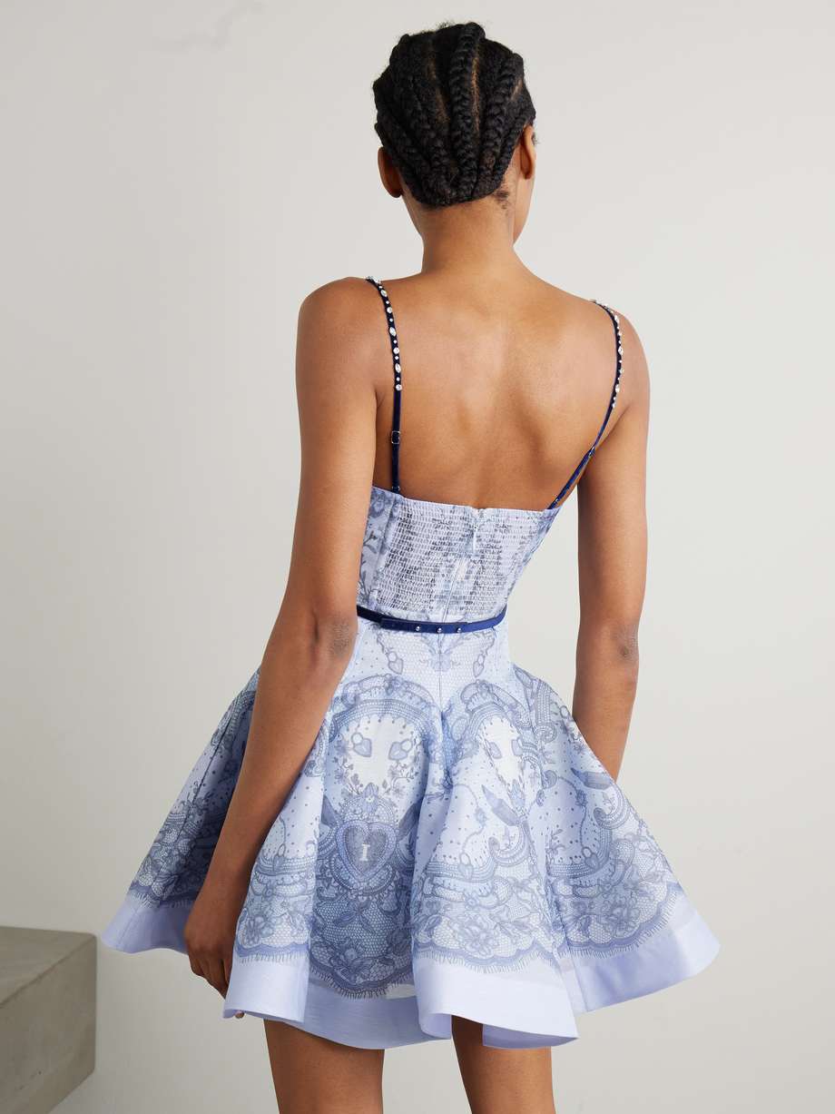 crush embellished velvet-trimmed printed linen and silk-blend mini dress