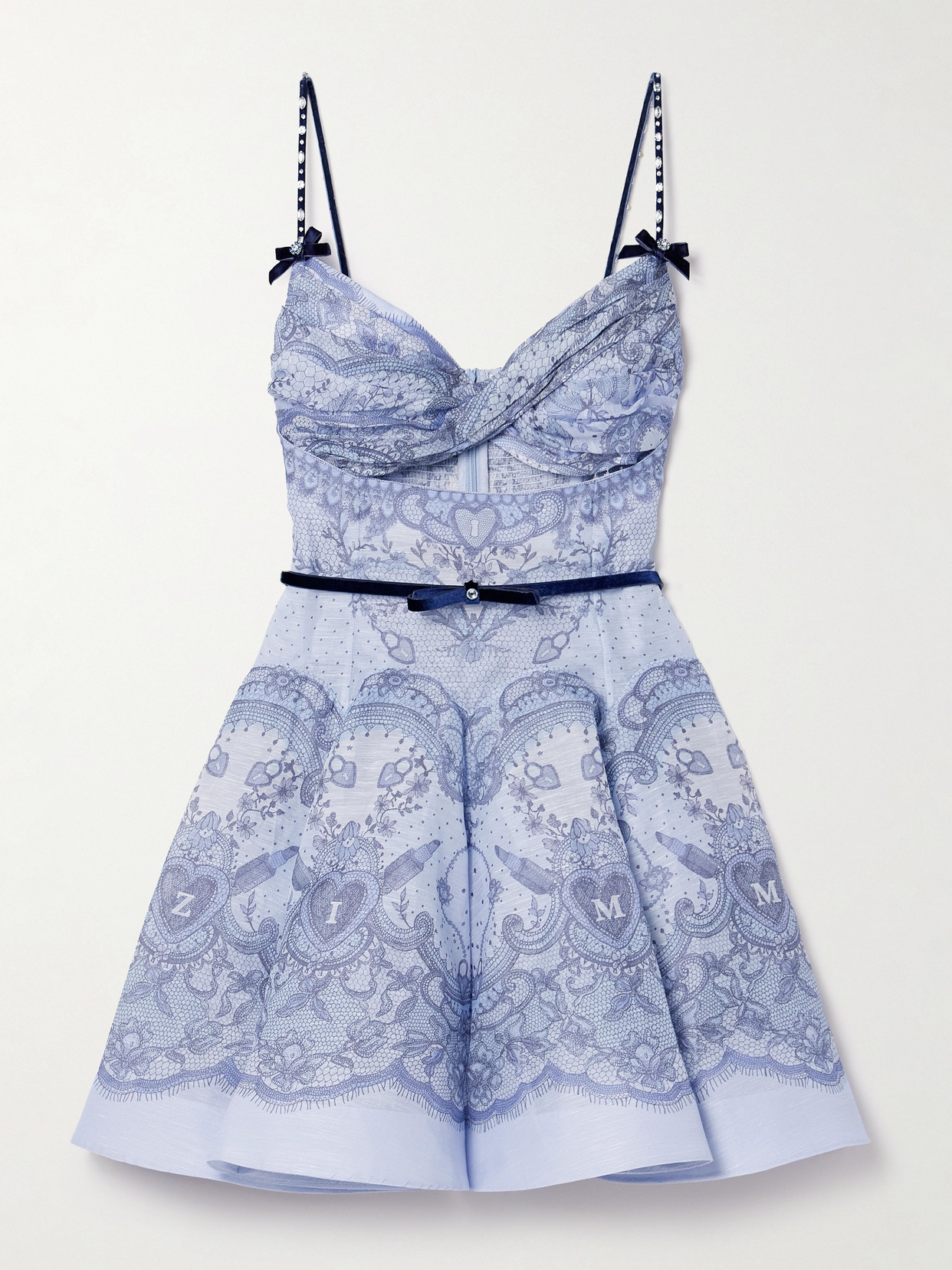 ZIMMERMANN CRUSH EMBELLISHED VELVET-TRIMMED PRINTED LINEN AND SILK-BLEND MINI DRESS 