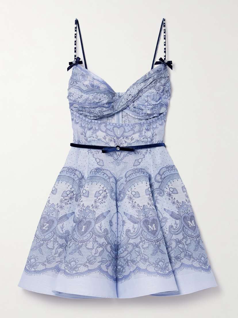 Zimmermann Crush Embellished Velvet-trimmed Printed Linen And Silk-blend Mini Dress