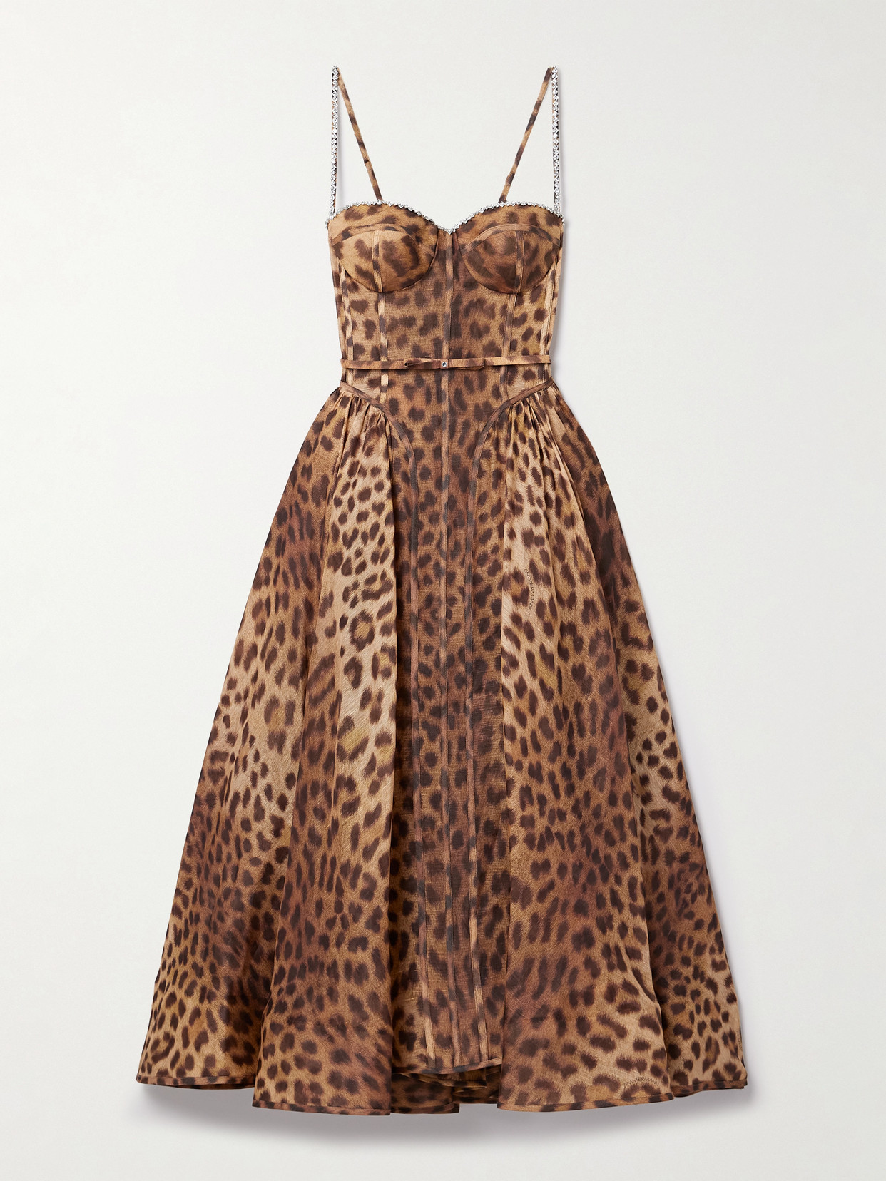 Shop Zimmermann Crush Belted Crystal-embellished Leopard-print Linen And Silk-blend Organza Midi Dress In Animal Print