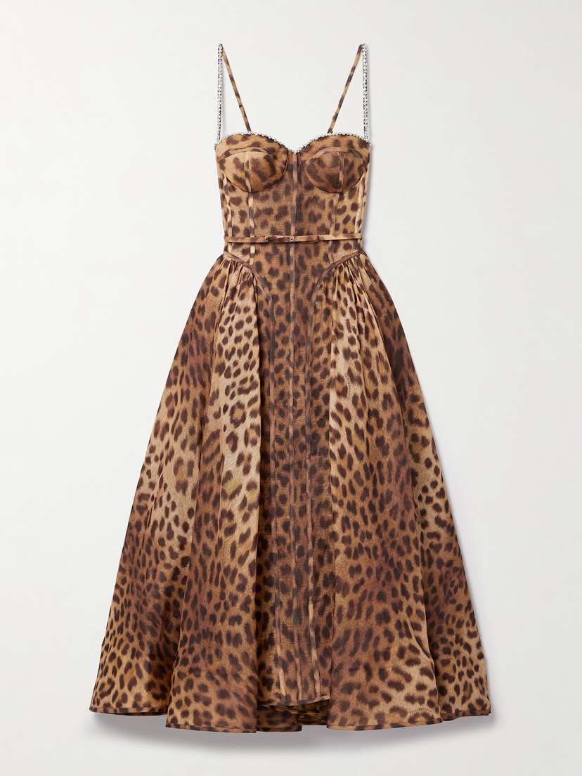 Zimmermann Crush Belted Crystal-embellished Leopard-print Linen And Silk-blend Organza Midi Dress