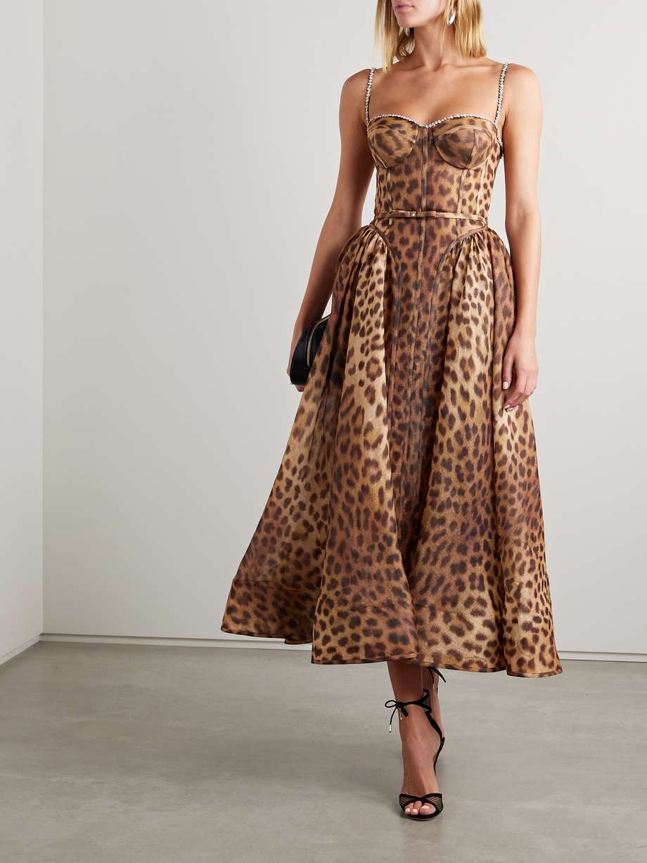 crush belted crystal-embellished leopard-print linen and silk-blend organza midi dress