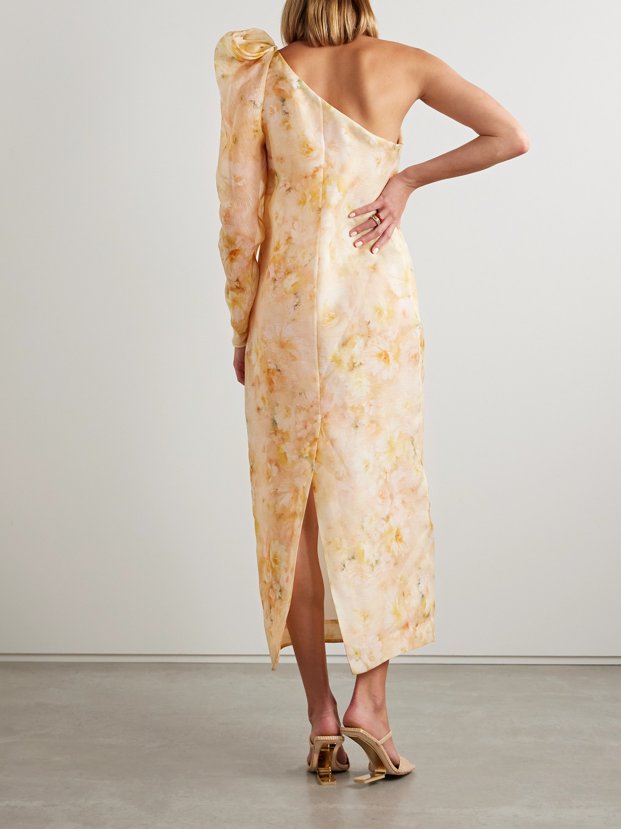 Shop Zimmermann Crush One-sleeve Floral-print Linen And Silk-blend Midi Dress In Yellow