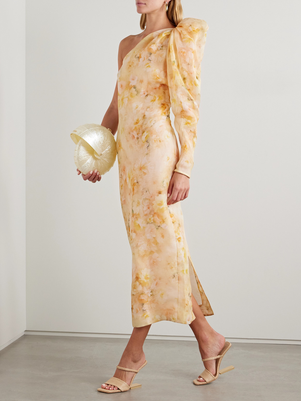 Shop Zimmermann Crush One-sleeve Floral-print Linen And Silk-blend Midi Dress In Yellow