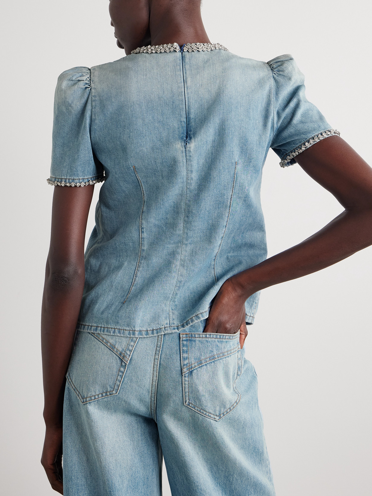 Shop Zimmermann Crush Crystal-embellished Gathered Denim Top In Blue