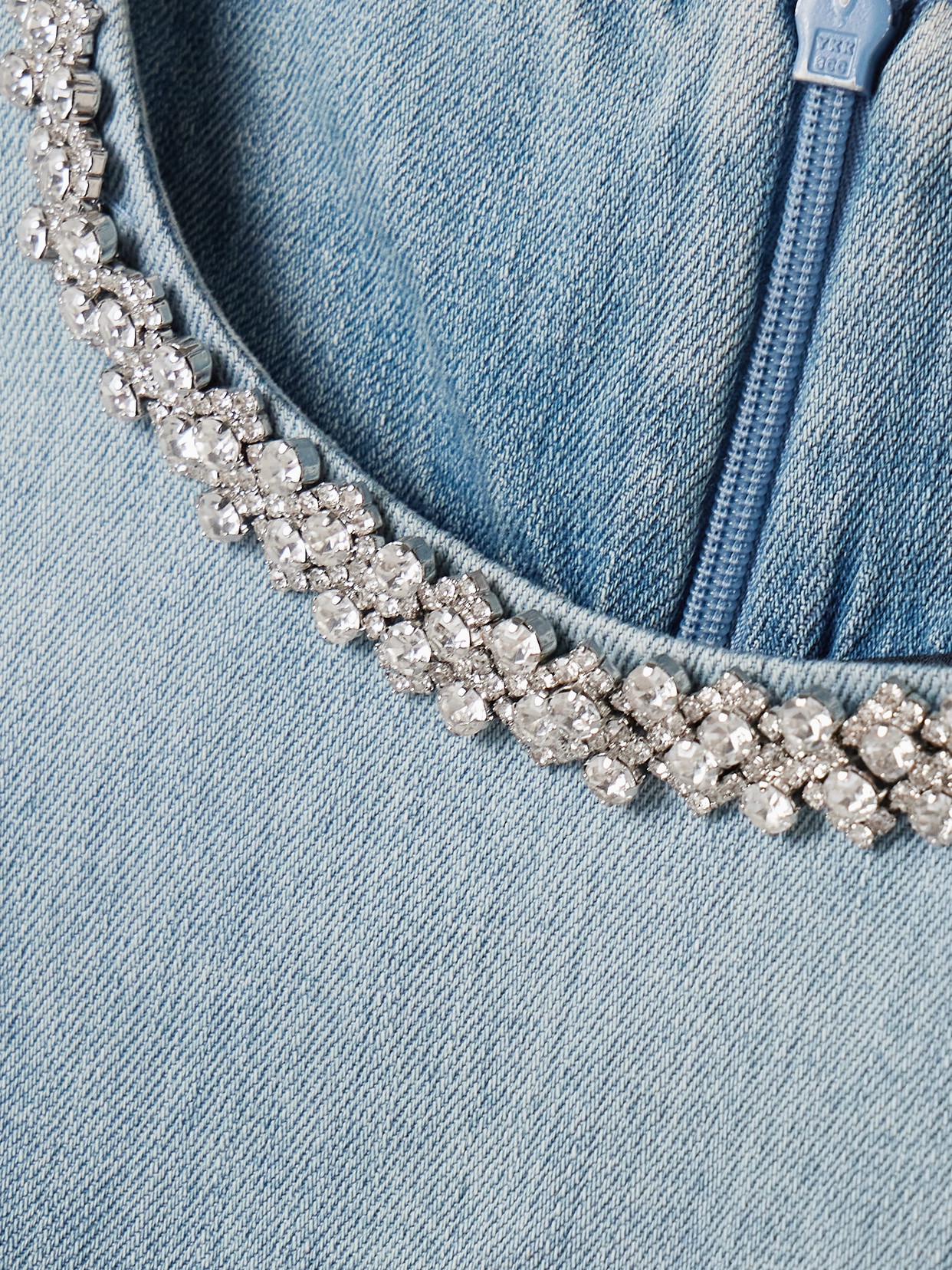 ZIMMERMANN CRUSH CRYSTAL-EMBELLISHED GATHERED DENIM TOP