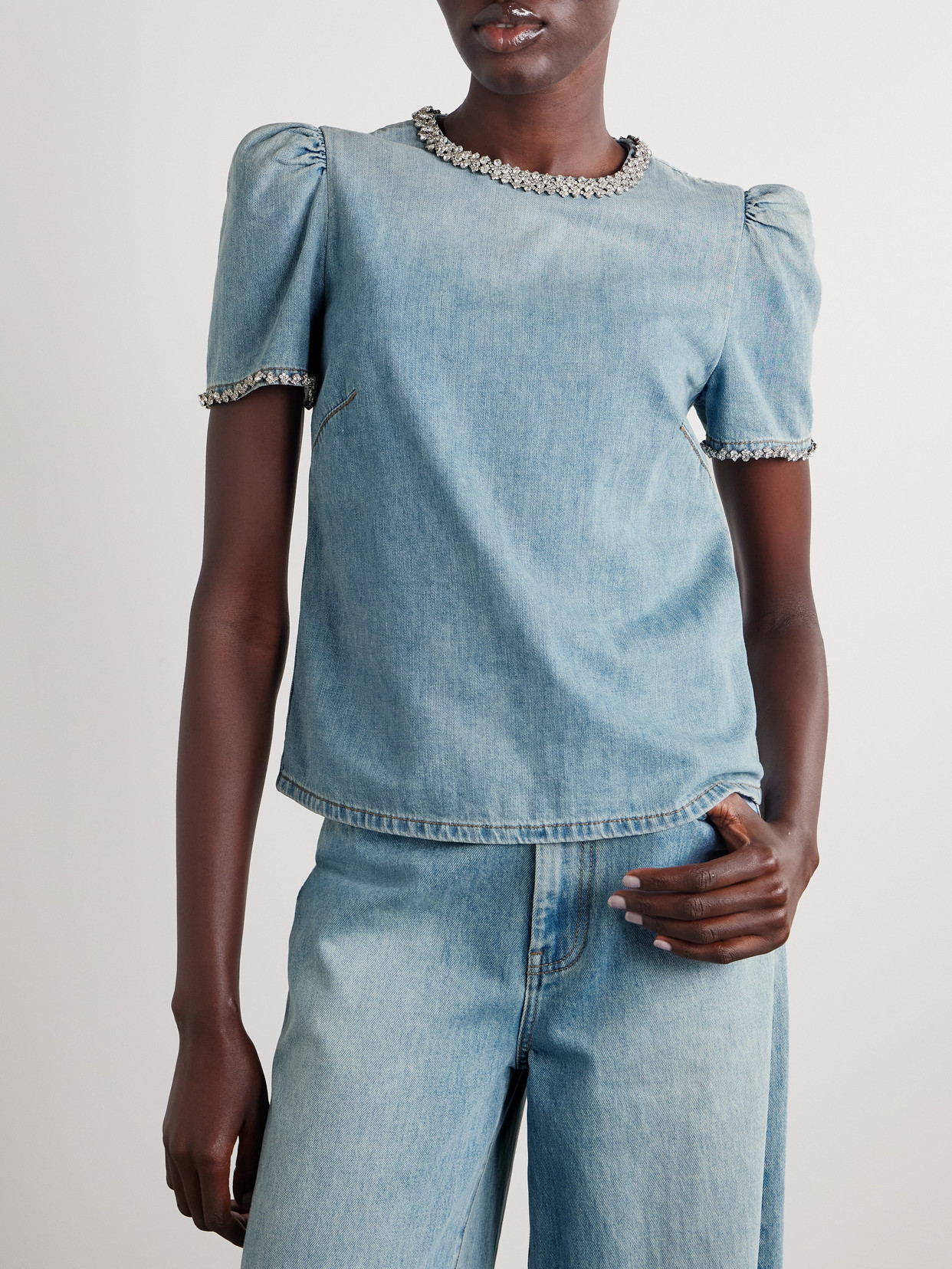 ZIMMERMANN CRUSH CRYSTAL-EMBELLISHED GATHERED DENIM TOP