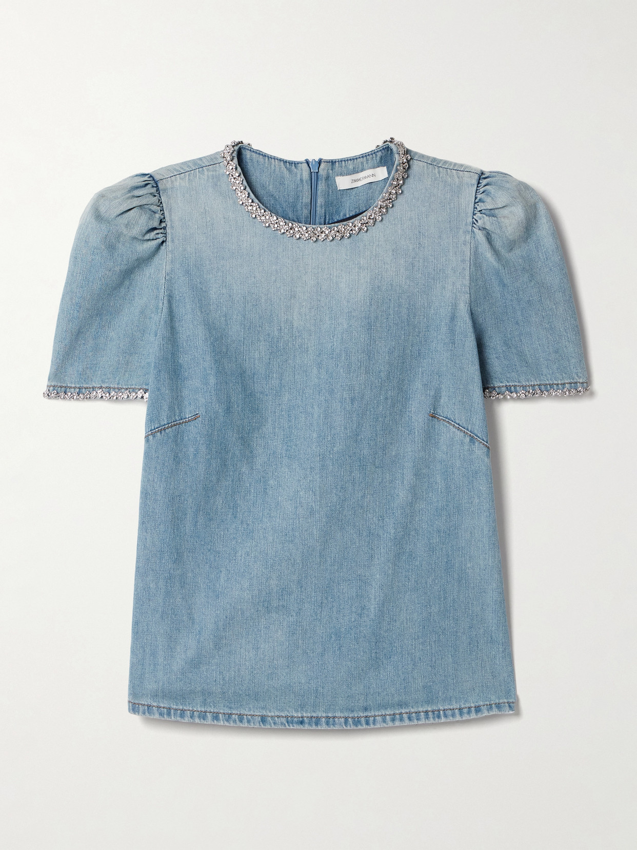 ZIMMERMANN CRUSH CRYSTAL-EMBELLISHED GATHERED DENIM TOP