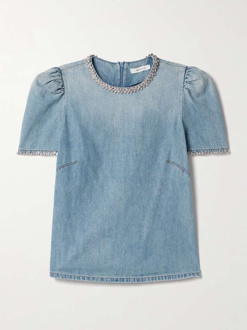 Zimmermann Crush Crystal-embellished Gathered Denim Top