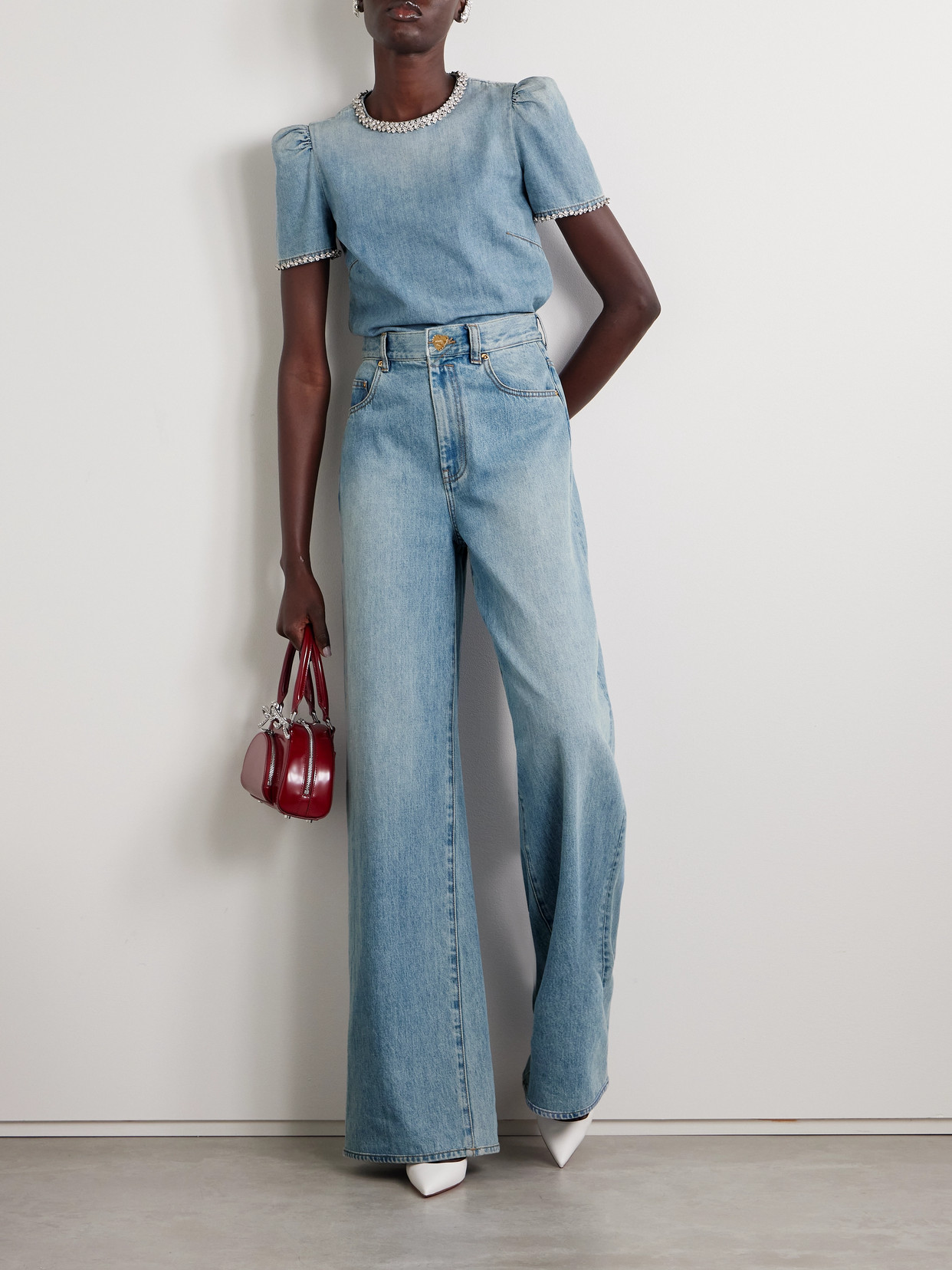 ZIMMERMANN CRUSH CRYSTAL-EMBELLISHED GATHERED DENIM TOP