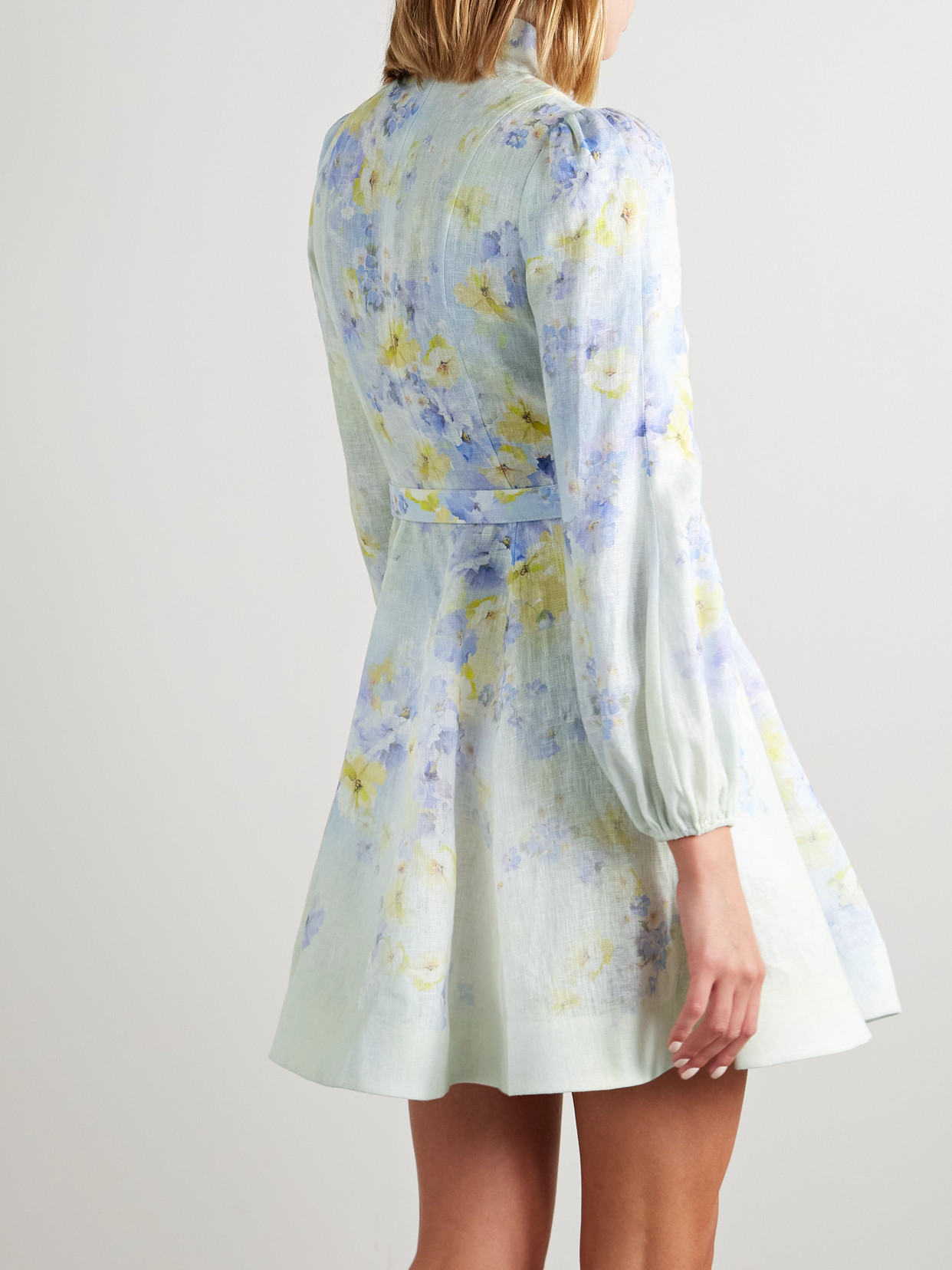 Shop Zimmermann Crush Belted Embellished Floral-print Linen Mini Dress In Blue