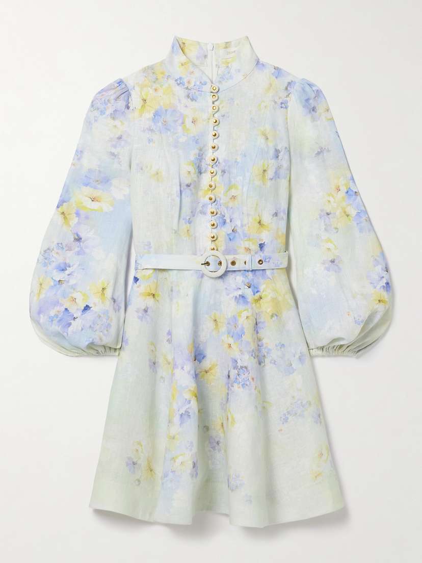 Zimmermann Crush Belted Embellished Floral-print Linen Mini Dress