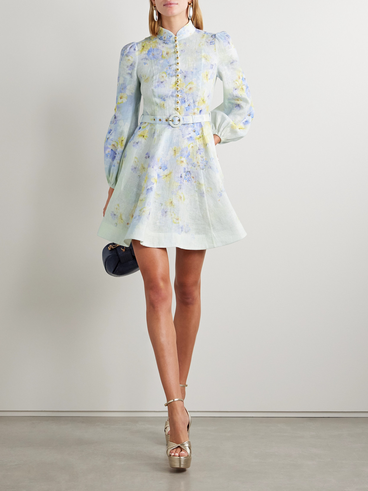 Shop Zimmermann Crush Belted Embellished Floral-print Linen Mini Dress In Blue
