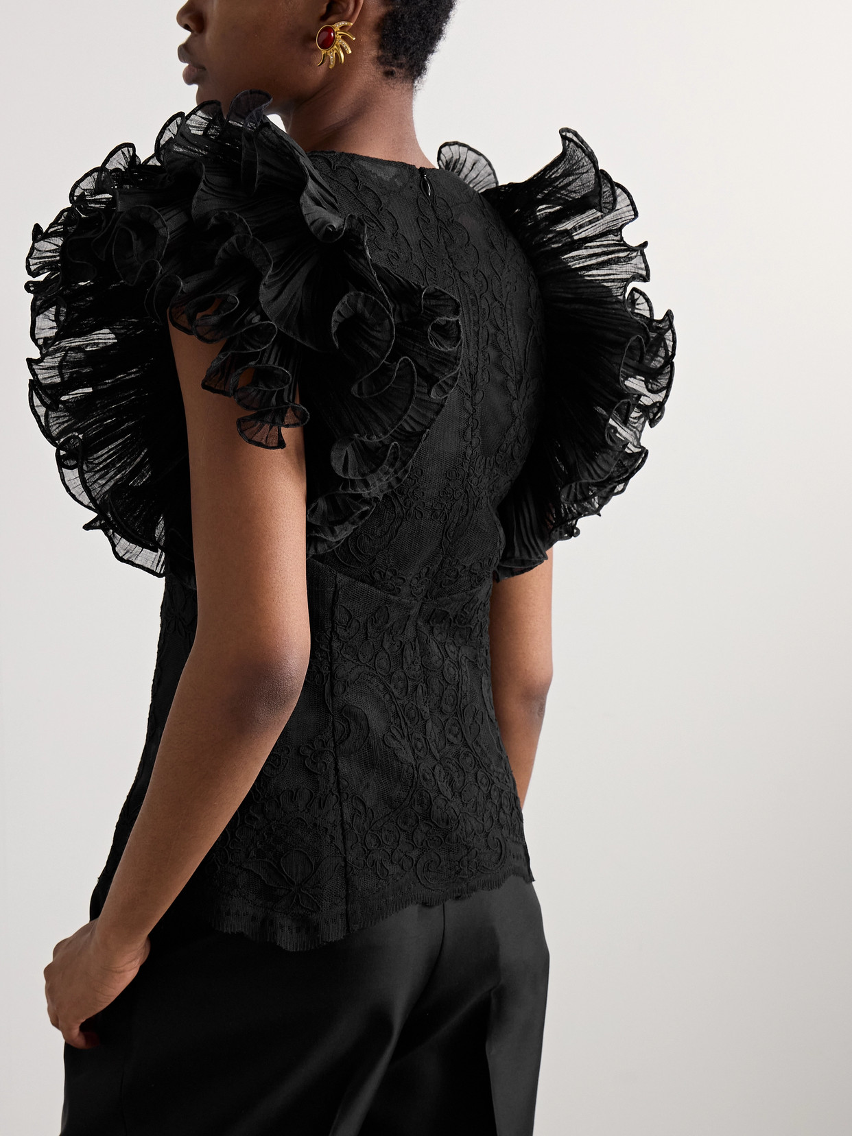 Crush Ruffled Plissé-Tulle And Corded Lace Top