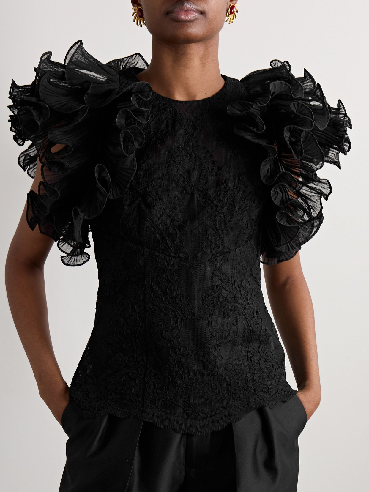 Crush Ruffled Plissé-Tulle And Corded Lace Top