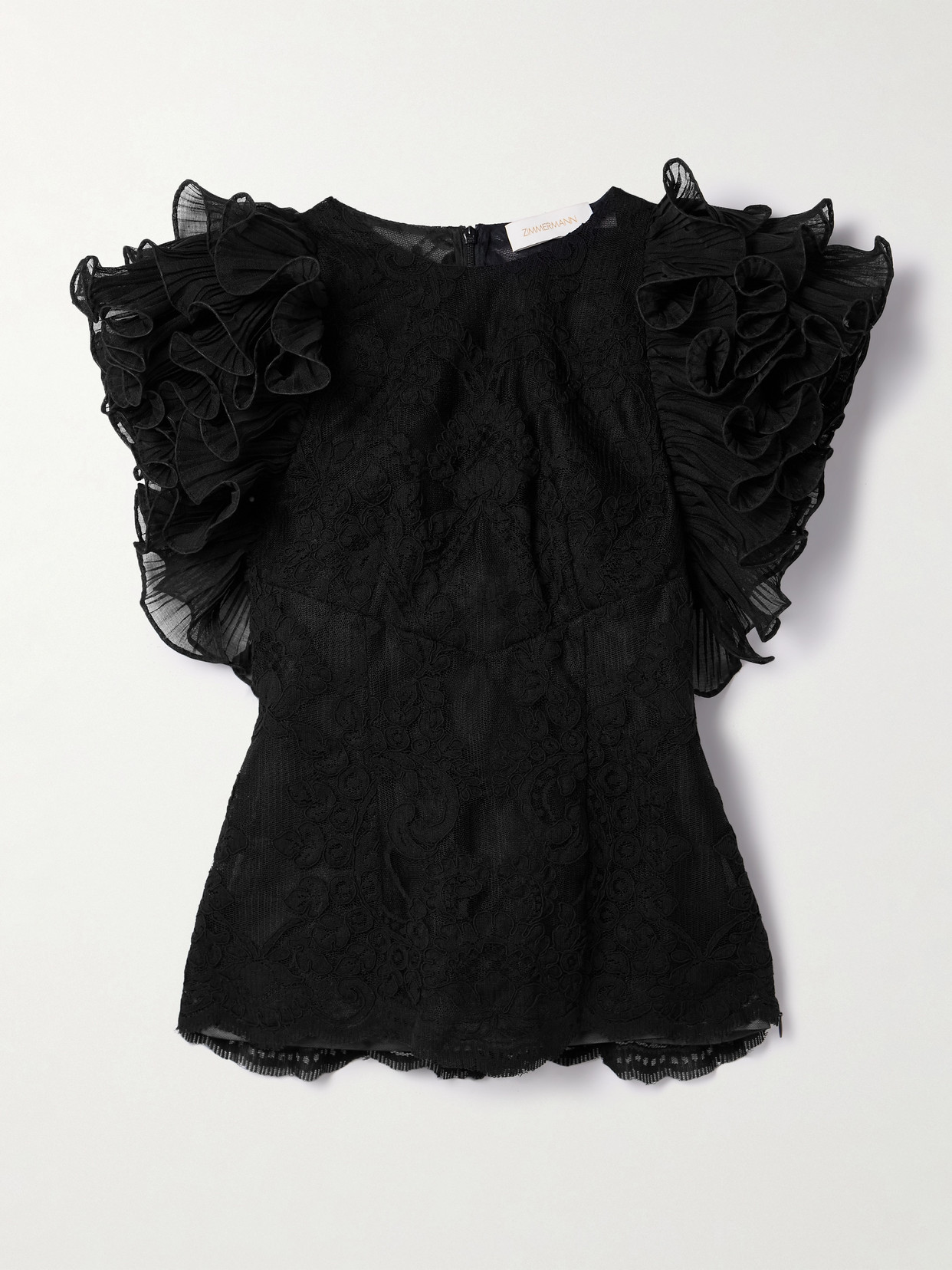 Zimmermann - Crush Ruffled Plissé-tulle And Corded Lace Top - Black